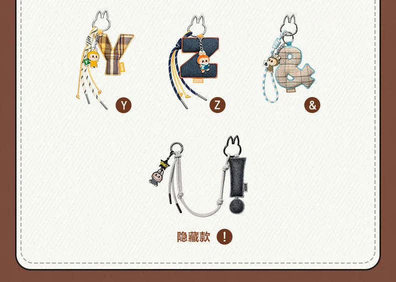 Labubu Pin for Love. Set of keychains shaped like letters Y, Z, and &, with cartoon characters on a white background.