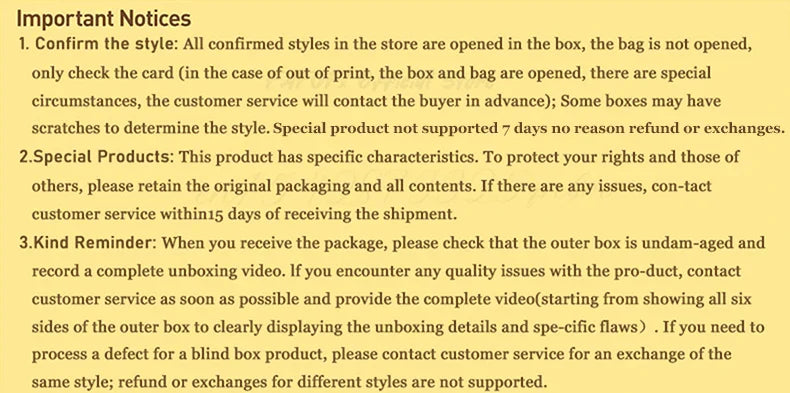 Text-based notice with important store policies on a yellow background