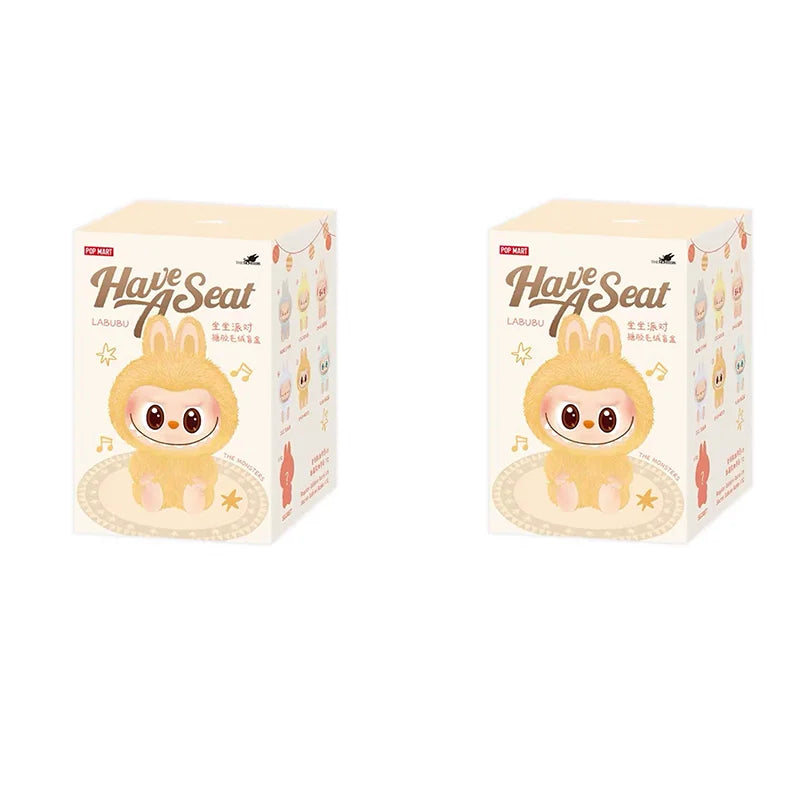 Two boxes of 'Have Seat' Labubu plush toys on a white background