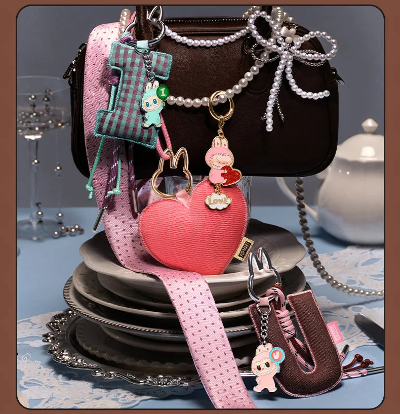 Labubu Pin for Love. Decorative handbag with various charms on a table setting