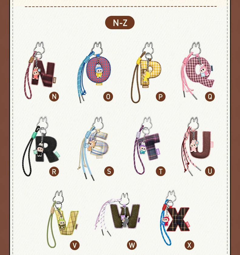 Labubu Pin for Love. Alphabet keychains from N to Z on a white background with a brown border.