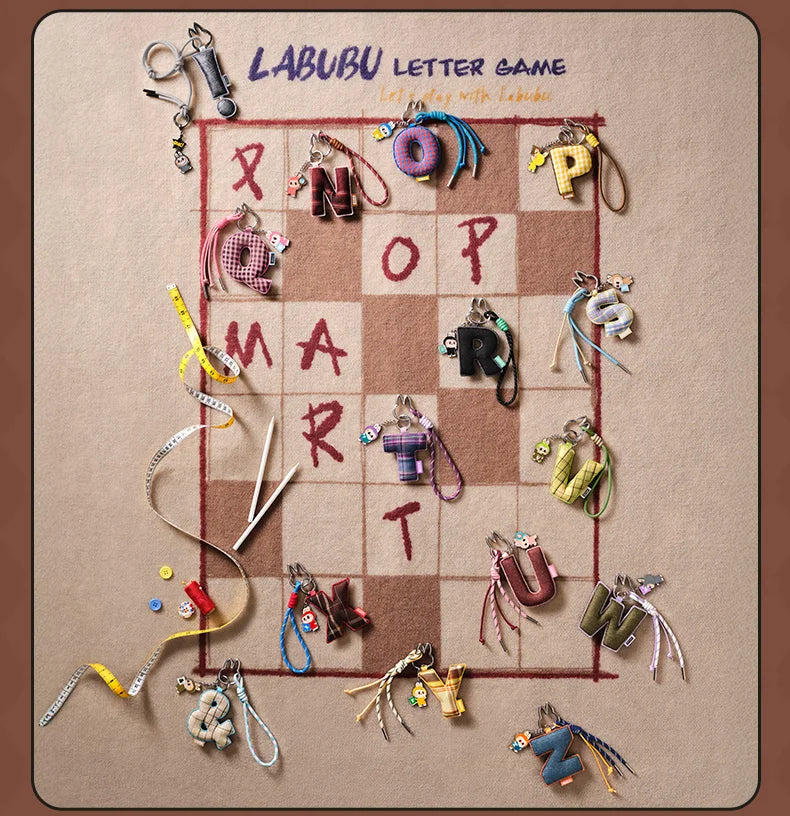 Labubu Pin for Love. Board game with letter-shaped charms on a checkered board