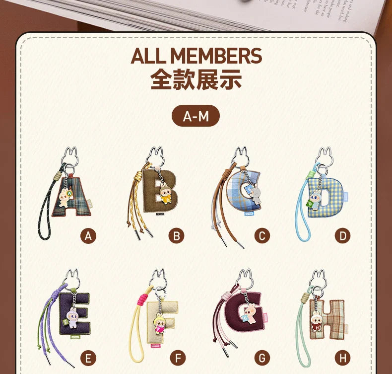 Labubu Pin for Love. Set of keychains with letter designs on a white background